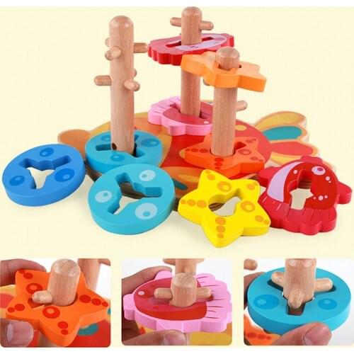 01 Children Fantastic Cute little fish Three Column For Intelligence Matching Stacker Wooden Learing Block Geometric Shape Set