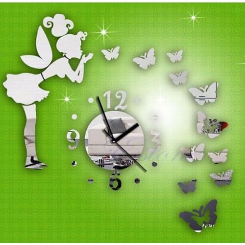 B0KB Modern Butterfly Fairy Clock DIY 3D Art Mirror Wall Sticker Kids Room Home Decor