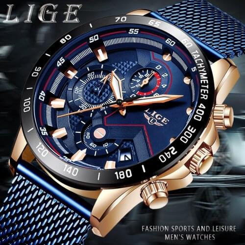 LIGE 9929 Mens Blue Luxury Dress Business Wristwatches Quartz Clock Steel Band Waterproof Casual Sports Chronograph Watch Male