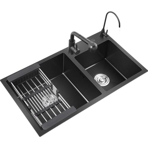 Black Kitchen Sinks Thickened Manual Double Bowel SUS304 Stainless Steel Nano Finish Undermount