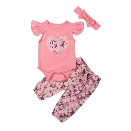 Boutique kids clothing Newborn Kids Baby Girls Flower Tops Ruffles Sleeve Bodysuit Pants Headband Outfits Set