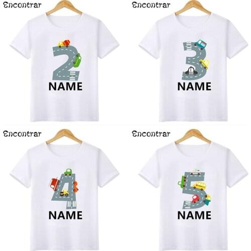 Different Car Print Birthday Boys T shirt 1 2 3 4 5 6 7 8 9 10 Years Customize Name Kids T-shirts Party Baby Girls Tops,HKP2498