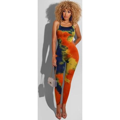 Gradient Tie Dye Print Rompers Women Jumpsuit Spaghetti Strao Backless One Piece Overalls Streetwear High Waist Skinny Catsuit