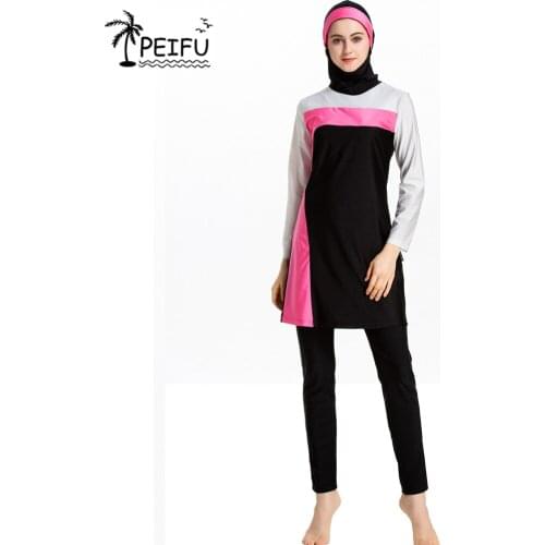 PEIFU Swimsuit 2020 New Burkini Long Sleeve Swim Beach Surf Wear Sport Burkinis Islamic Swimwear Patchwork Color Muslim