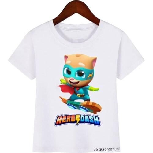 2021 Hot Sale T-shirt Talking Cat Hero Sprint Cartoon Print Girl T Shirt Cute Vogue Kids Summer Tops Boys Girls T Shirts