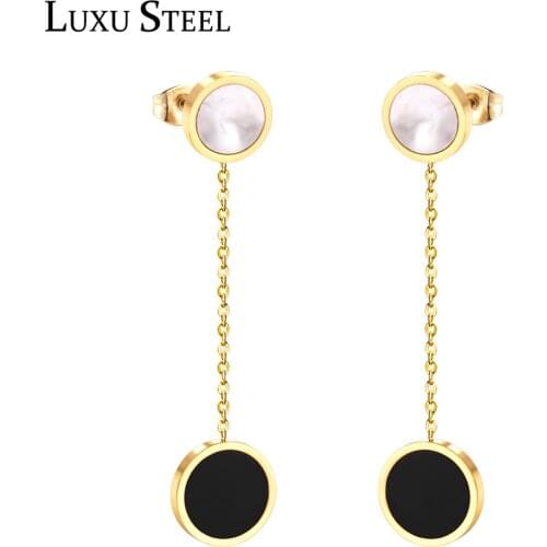 LUXUSTEEL Pendientes Mujer Round Shell Link Chain Dangle Earrings Gold/Silver Color Pusb Back Long Earring Fashion Jewelry Gift