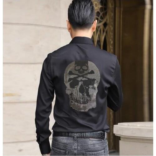 Fashion Men Hot drilling Skulls shirts long Sleeve Rhinestones summer Male shirts Clothing Mens Casual