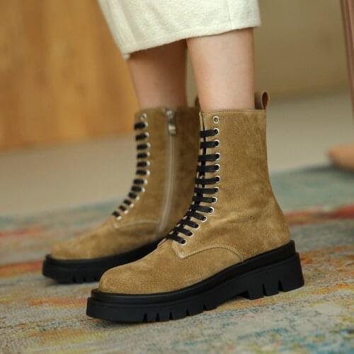 Fashion Spring Winter Women Genuine Leather Boots Ladies Zipper Platform Shoes Girls Low Heel Footwear Martin Boots Black Green