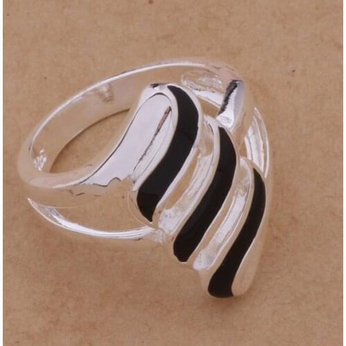 Wholesale Silver Plated Rings For Women,Free Shipping Charm Christmas Silver Fashion Jewelry Black Feathers /aimaizt