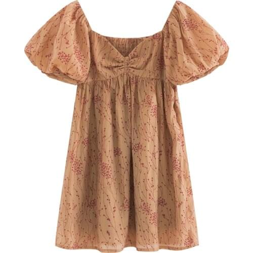 PERHAPS U Khaki Empire A-line Floral Print V Neck Puff Sleeve Short Sleeve Mini Dress Vintage Summer D1411