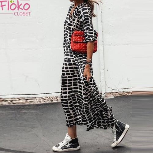 Flokocloset Casual Leopard Print V-Neck Long Sleeve Maxi Dress Aurumn A-LINE Party Boho Dress for Women