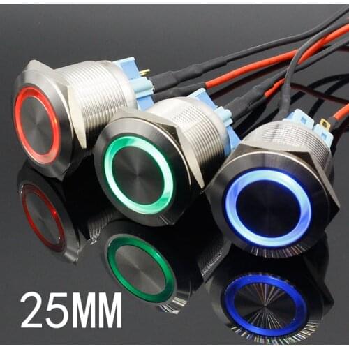 25mm 6V 12V 24V 220V Blue Ring Led Light Momentary/Locking Push Button Switch DPST Metal Industrial Boat Car DIY Switch