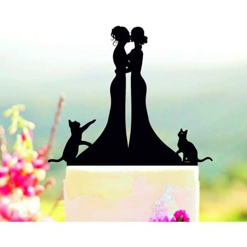 Same-sex lady and mrs wedding Cake Topper,Lesbian with cat Cake Topper silhouette, Bride and Bride wedding Topper decor Supplies