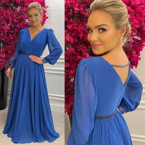 YUNUO V-neck Blue Chiffon Prom Formal Dresses with Beading A-line vestido de fiesta Evening Party Dress Full Length Custom Made