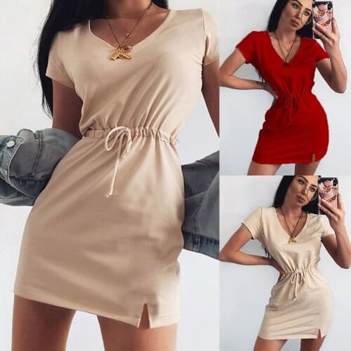 Europe and America Cross Border Fashion 2021 Spring and Summer Womens Drawstring Belt Short Sleeve Dress Sexy Slit V-neck Dress
