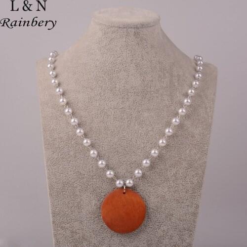Rainbery New Fashion Long Pearl Necklace Monogram Disc Wood Pendant Necklace Accessories Statement Necklace Jewelry Women JN1029