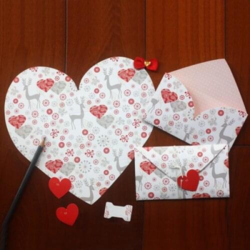 2pcs/set cute red heart white deer Valentines day and Chirstmas greeding cards can be folded as envelope