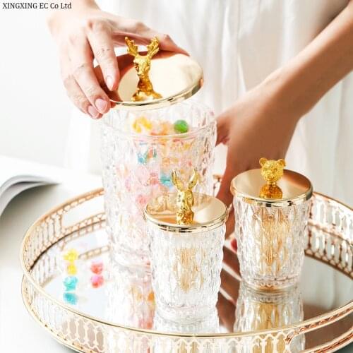 Candy Jar Animal Head Transparent Glass Storage Jar Cotton Swab Box Metal Mirror Tray Desktop Cosmetic Storage Home Decoration