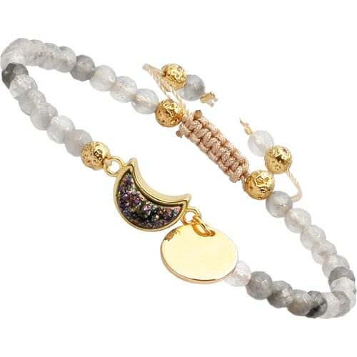 4mm Faceted Stone Bracelet for Women, Titanium Coated Druzy Quartz Healing Crystal Adjustable Bracelets for Men, 6"-7.8" Strand