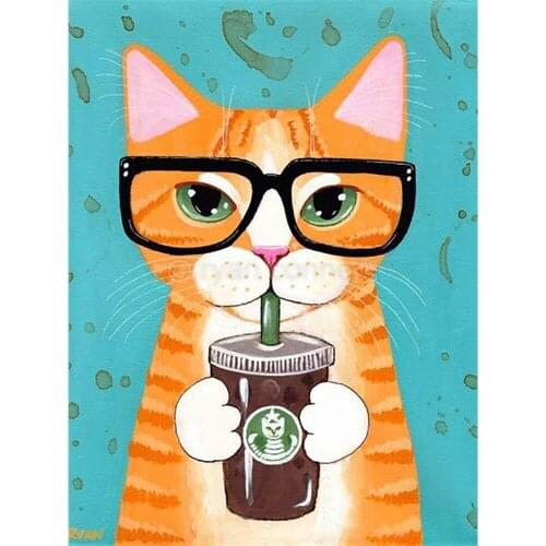 GATYZTORY 5D Diamond Painting Full Square Mosaic Wall Sticker DIY Diamond Embroidery Home Decor Custom Art Cartoon Drinking Cat