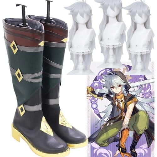 Genshin Impact Razor Cosplay Costumes Boots Halloween Leather Shoes Mondstadt Razor Gray Long Heat Resistant Synthetic Hair+cap