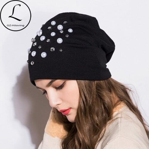 GZHILOVINGL Womens Hats Female Cotton Casual Spring Summer Brand New 2018 Knitted Women Girls Skullies Beanies Diamond Pearl