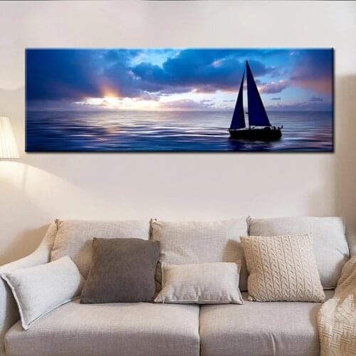 Canvas Painting Boat on Blue Sea Horizon Wall Art Posters and Prints Wall Picture for Living Room Cuadros Home Decore