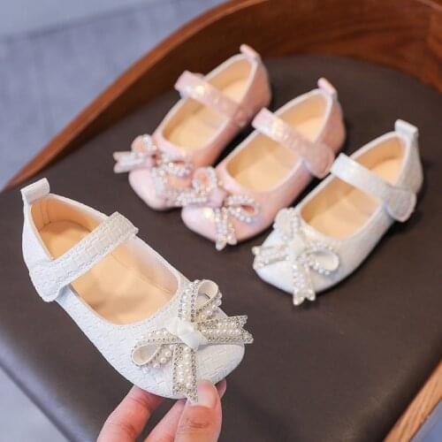 Girls' Leather Shoes Princess Shoes 2021 New Style Rhinestone Kids Butterfly-knot Baby Shoes Fashion Flats Sweet for Party Chic
