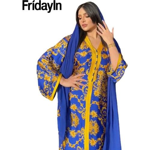 FridayIn Autumn New Womens Casual Clothes Middle East Arab Ladies Muslim Robe Southeast Asia Blue Fashion Print Long Dresses