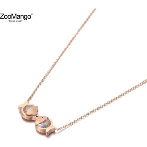 ZooMango Fashion Stainless Steel CZ Crystal Double Fish Charm Necklace Jewelry Lovely Pendant Chain Necklace For Women ZN19114