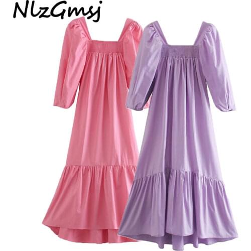 Nlzgmsj Za women fashion square collar puff sleeve pink color midi dress female hem pleat ruffles casual vestido chic dresses
