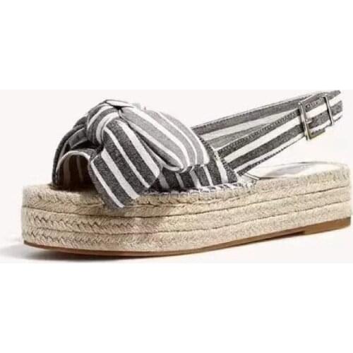 Striped thick bottom bow-knot fisherman sandal back strap peep toe straw knitted gladiator summer roman sandalias luxury design