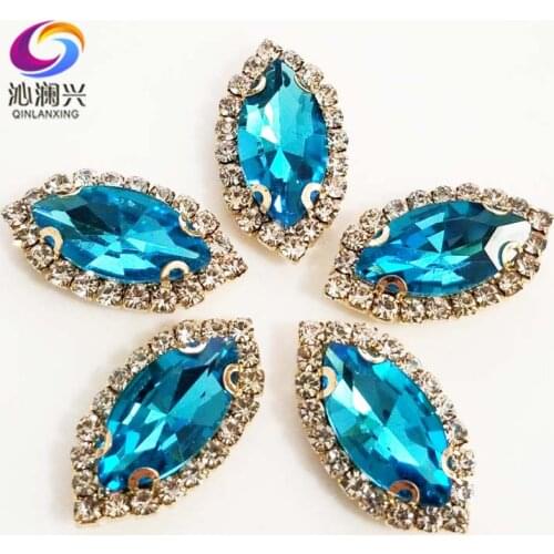 Gold bottom Lake blue Top grade Glass Crystal buckle, eye shape sew on rhinestones with holes,Diy/jewelry accessories SWEKG12