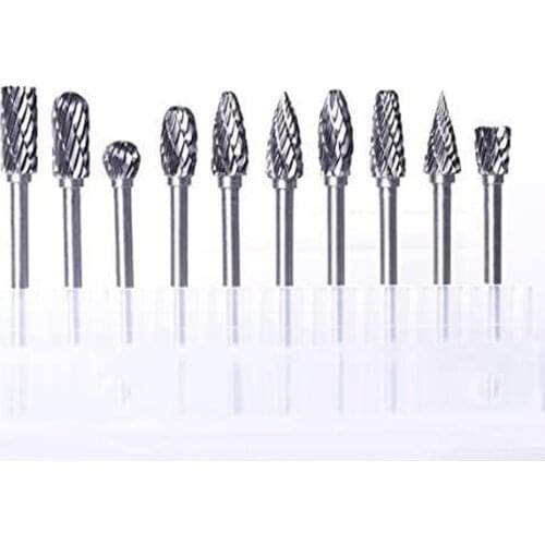 1/8Tungsten Carbide Rotary Burr Set 10pc Carving Burr Bits 3mm Shank 6mm Grinding Head Wood & Stone Carving Steel Metal Working