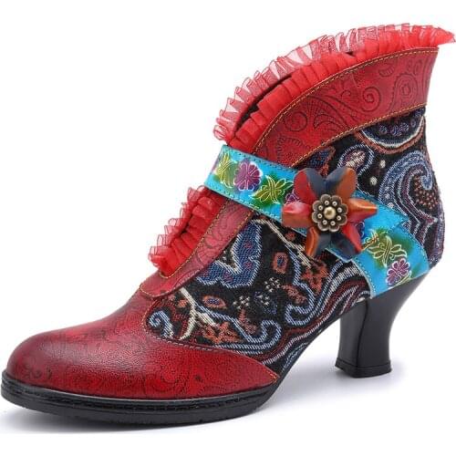 Colorful Women Pumps Stitching Painted Flower Genuine Leather Slip On 4CM Thick High heels Women Shoes Colorblock Pointed Toe