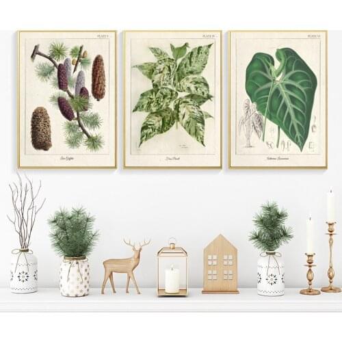 American Style Vintage Green Plant Leaves Canvas Painting Sofa Background Wall Picture Poster Living Room Restaurant Decoration