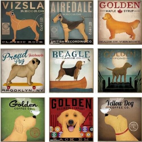 Vintage Dog Poster Airedale Pugs Beagle Golden Husky Yellow Dog Pet Animal Canvas Painting Square Poster Retro Wall Art Home Dec