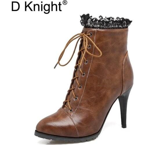 Vintage Pu Round Toe Side Zip Lace Up High Heels Women Boots Fashion Lace Decoration Winter Ankle Boots Size 32-43 Female Boots