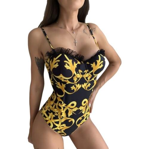 Womens Fashionable Printed Ruffled Swimsuit Lace Decoration Neckline Triangle Crotch Slim Swimwear for Beach Swimming