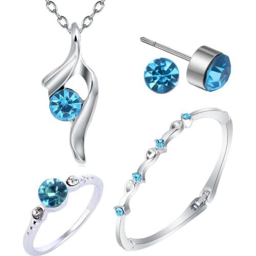 Womens Birthday Gift Wedding Jewelry Set Fashion 925 Sterling Silver Crystal Necklace Earrings Bracelet Rings 4 Pieces Free Shi