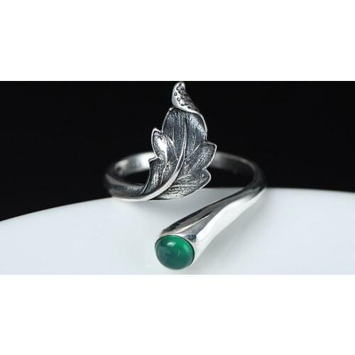 Ring 925 Sterling Silver Natural jade Feather Leaves Open Rings For Women Vintage Chinese Style Jewelry