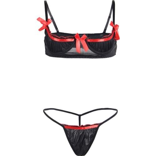 Womens Underwear Sexy Lingerie Set Exotic Open Bust Bow Bra G String Panties 2 Piece Black Bra Brief Set with Underwire RW80125