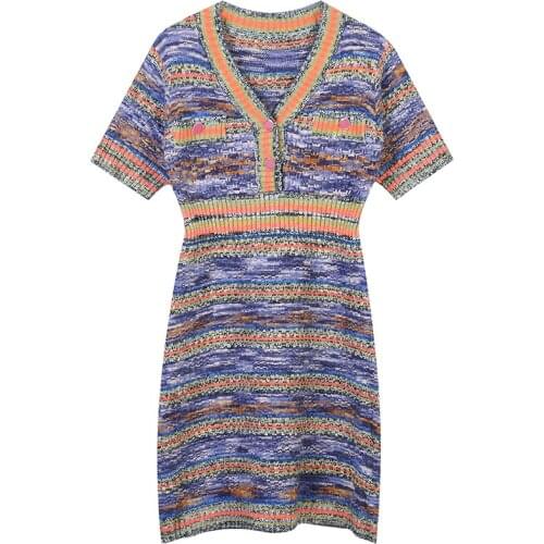 Women Autumn Sweater Dress 2021 Winter Vintage Fashion V neck Short Sleeve Purple Striped A line Short Knitted Dress Jumper