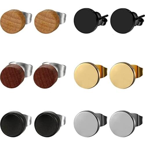 6 pairs 6/810MM Stainless Steel Wood Stud Earrings Pierced Post Earring for Men Women