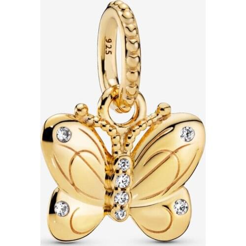 New Original 925 Sterling Silver Bead Gold Color Butterfly Dangle Charm Animal Fit Pandora Bracelet Necklace DIY Women Jewelry