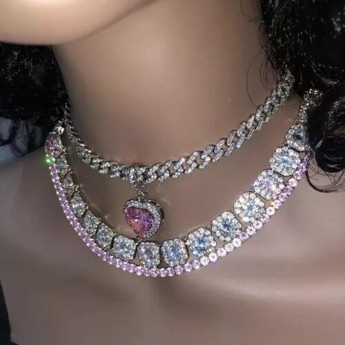 Wholesale Big Colorful Crystal Heart Charm Pendant Necklaces for Women Full 5A 3mm tennis Chain choker Necklace wedding Jewelry