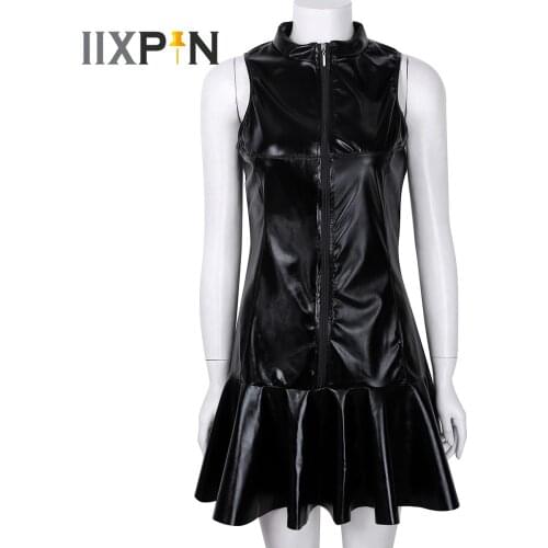 Women Wet Look PU Leather Dresses Sleeveless Zippers High Elasticity Sheath Clothing Sexy Deep V Mini Dress Clubwear Dress