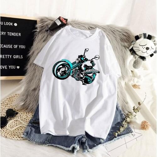 Hand painted motorcycle Print T shirt Women Fashion Tshirt O neck Short Sleeve Harajuku T shirt White Tops Female Tops