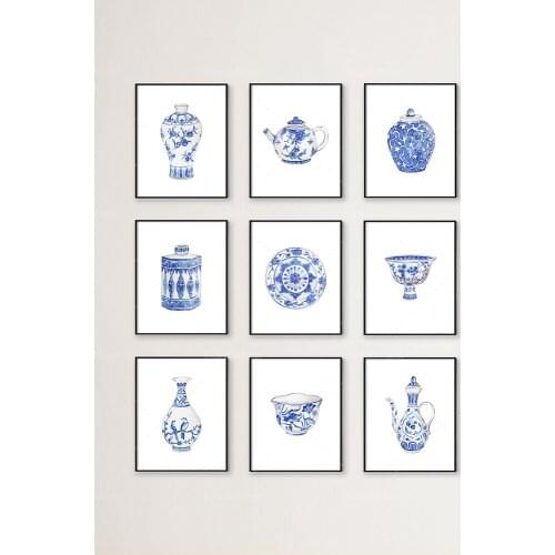Chinoiserie Printable Art Set 9 blue and white porcelain blue Chinese style prints Chinese style art print posters