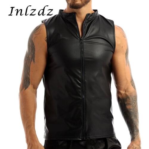 Mens Erotic Lingerie Tank Top for Sex Faux Leather Round Neck Sleeveless Front Zippered Sexy Undershirt Vest Top Vest Clubwear